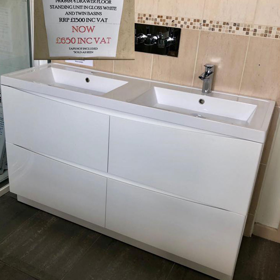 Cassellie Bali 1400mm 4 drawer floor standing unit & twin basins - Portadown Tiles & Bathrooms showroom in Portadown Northern Ireland