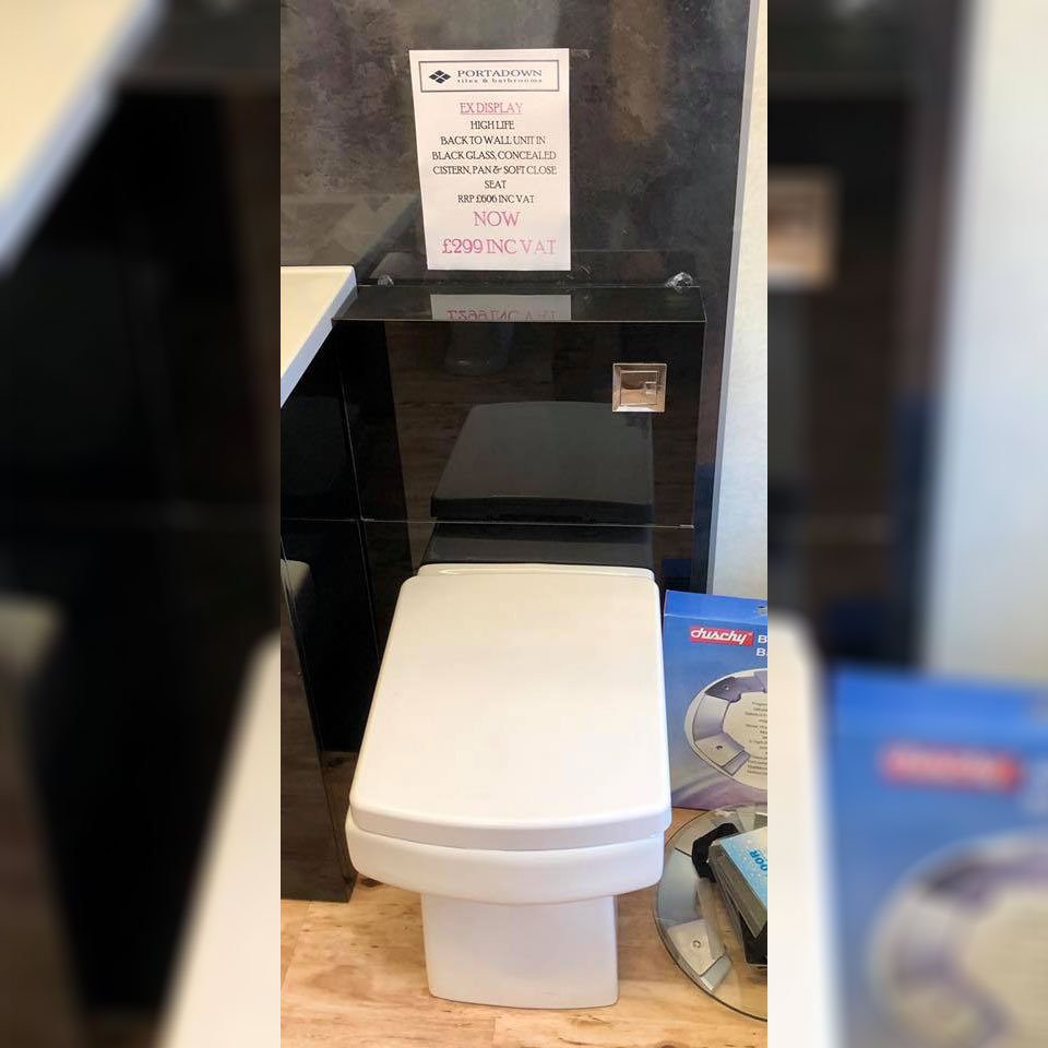 Highlife back to wall unit black glass concealed cistern, pan & soft close seat - Portadown Tiles & Bathrooms showroom in Portadown Northern Ireland