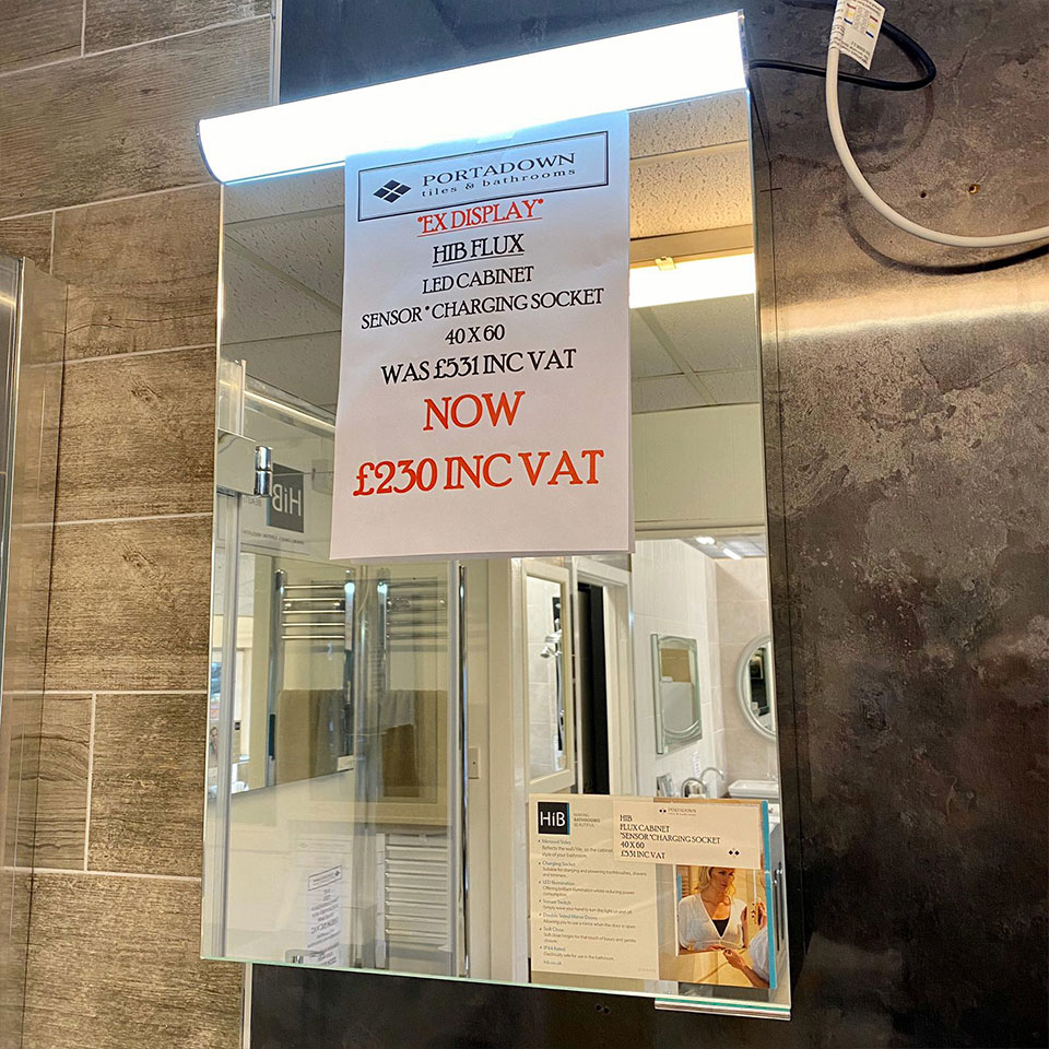 HIB Flux LED Cabinet with Charging Socket - Portadown Tiles & Bathrooms showroom in Portadown Northern Ireland