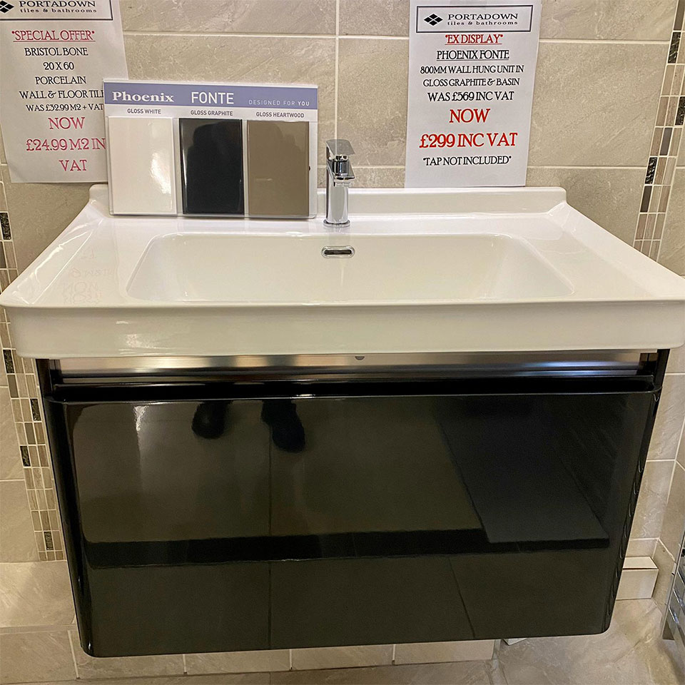 Phoenix Fonte 800mm Wall Hung Unit & Basin - Portadown Tiles & Bathrooms showroom in Portadown Northern Ireland